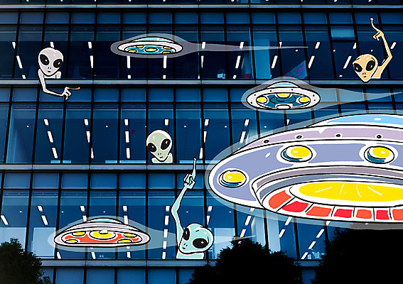 포토일러 빌딩 사람없음 외계인 가리킴 우주선 우주과학 UFO 이미지편집 AI파일 편집이미지 과학 손짓 건물 우주 미확인물체 파일형식 벡터