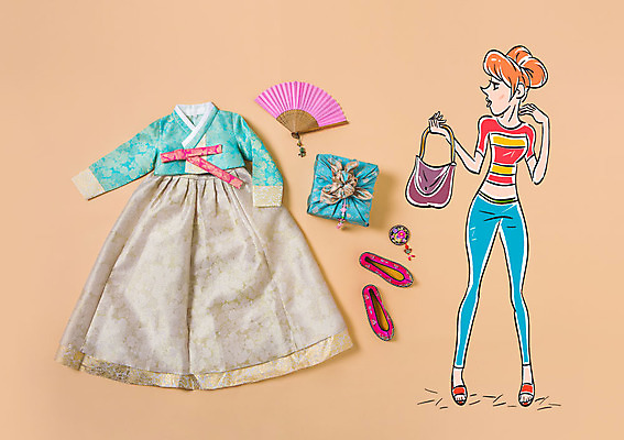 전신 여자 포토일러 한명 서기 성인 핸드백 보자기 부채 한복 고무신 꽃고무신 이미지편집 AI파일 편집이미지 1 한국전통 신발 가방 모션 사람 전통의상 파일형식 벡터 천_직물