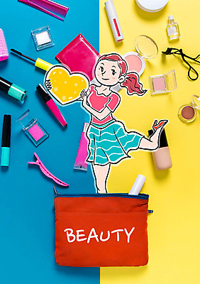 여자 포토일러 한명 성인 화장 뷰티 하트 머리핀 마스카라 매니큐어 립글로스 아이섀도 뷰러 파우치 이미지편집 AI파일 모양 편집이미지 1 가방 장신구 사람 화장품 화장용품 파일형식 벡터