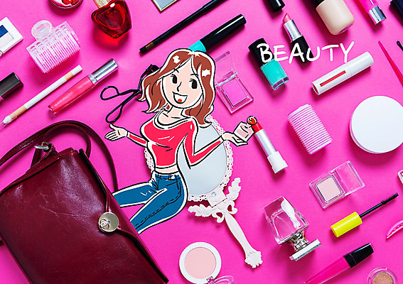 여자 포토일러 한명 성인 화장 뷰티 립스틱 핸드백 마스카라 매니큐어 손거울 립글로스 헤어롤 뷰러 파우더팩트 이미지편집 AI파일 편집이미지 1 가방 사람 화장품 거울 화장용품 미용용품 파일형식 벡터