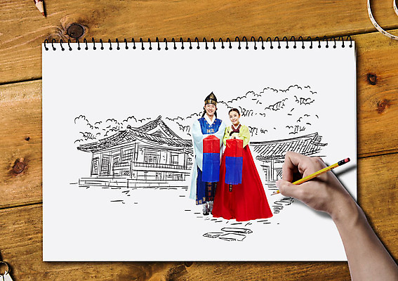 전신 손 여자 남자 여행 포토일러 한옥 줄자 서기 웃음 20대 성인 두명 한국인 한복 스케치 스케치북 청사초롱 지우개연필 국내여행 이미지편집 AI파일 편집이미지 한국전통 고건축 모션 학용품 표정 자 미술 사람 동양인 청년 신체부위 연필 전통의상 초롱 파일형식 벡터