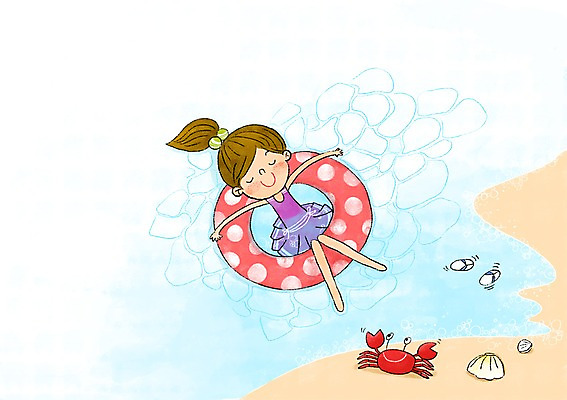 PSD 여자 어린이 일러스트 물놀이 조개 한명 해변 여름 게 즐거움 튜브 국내일러스트 1 계절 감정 바다 놀이 어패류 갑각류 사람 파일형식