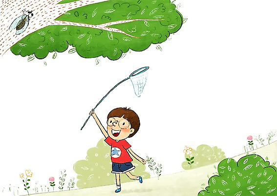 PSD 나무 남자 어린이 일러스트 한명 여름 즐거움 매미 채집망 국내일러스트 식물 1 계절 감정 곤충 사람 파일형식