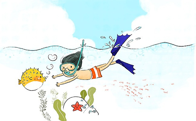 PSD 남자 어린이 바다 일러스트 어류 한명 여름 복어 스노클링 오리발 즐거움 스노클링용품 국내일러스트 1 계절 감정 스포츠용품 사람 수중동물 수상스포츠 파일형식