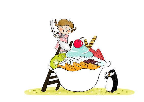 PSD 여자 어린이 일러스트 사다리 여름음식 한명 여름 숟가락 즐거움 펭귄 팥빙수 제철음식 국내일러스트 1 계절 감정 음식 조류 수저 사람 도구 빙수 제철 파일형식 여름_계절