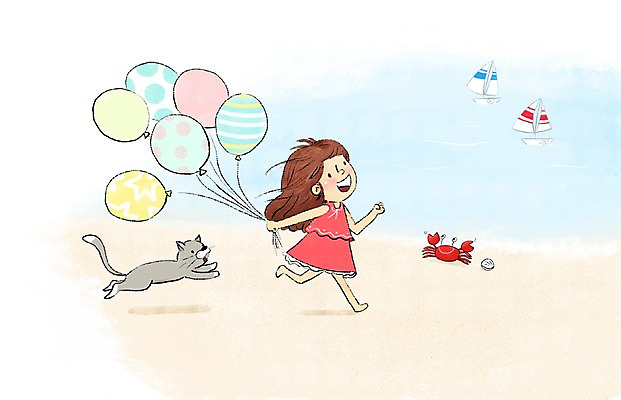 PSD 여자 어린이 일러스트 한명 해변 여름 달리기 고양이 게 즐거움 풍선 선박 국내일러스트 1 계절 감정 바다 수상교통 포유류 모션 갑각류 사람 반려동물 파일형식