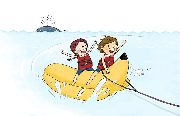 PSD 여자 남자 어린이 바다 일러스트 두명 여름 고래 즐거움 구명조끼 바나나보트 국내일러스트 계절 감정 포유류 사람 수중동물 보트 구조용품 파일형식