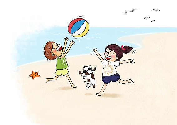 PSD 여자 남자 어린이 일러스트 갈매기 불가사리 해변 두명 여름 강아지 비치볼 즐거움 공놀이 국내일러스트 계절 감정 바다 공 놀이 조류 극피동물 바캉스용품 사람 반려동물 개 파일형식