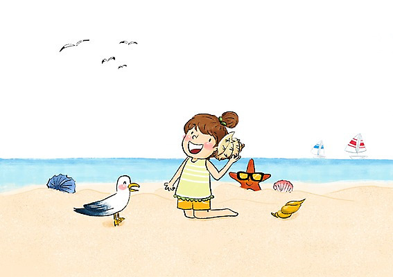 PSD 여자 어린이 일러스트 갈매기 조개 불가사리 한명 해변 여름 소라 즐거움 선박 국내일러스트 1 계절 감정 바다 수상교통 조류 어패류 극피동물 사람 파일형식