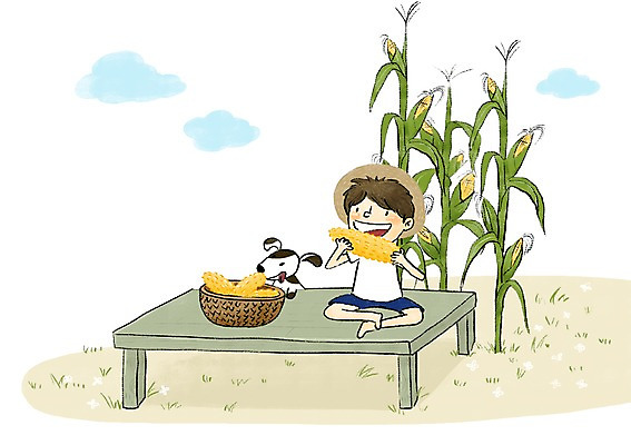 PSD 남자 어린이 일러스트 여름음식 옥수수 한명 여름 바구니 강아지 즐거움 평상 옥수수밭 제철음식 국내일러스트 1 계절 감정 음식 밭 곡류 사람 반려동물 개 제철 파일형식 여름_계절