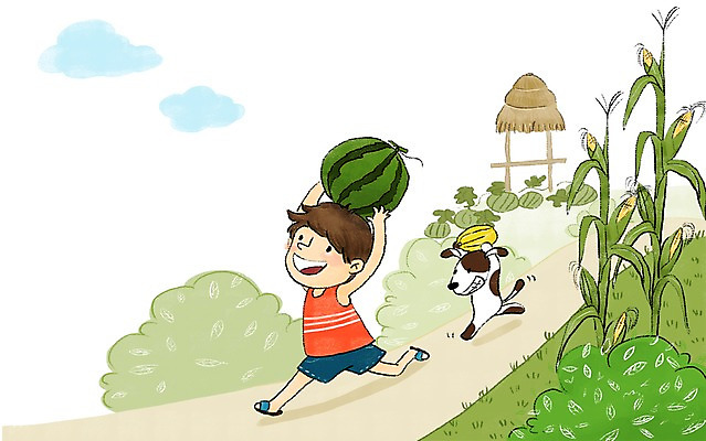 PSD 남자 어린이 일러스트 여름음식 수박 옥수수 한명 여름 달리기 강아지 오두막 즐거움 참외 제철음식 제철과일 국내일러스트 1 계절 감정 음식 과일 모션 곡류 사람 반려동물 개 제철 파일형식 여름_계절