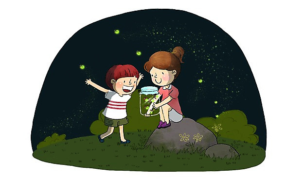 PSD 여자 남자 어린이 일러스트 유리병 야외 두명 여름 바위 야간 즐거움 반딧불이 여름밤 국내일러스트 자연요소 계절 감정 곤충 병_용기 사람 돌_바위 파일형식