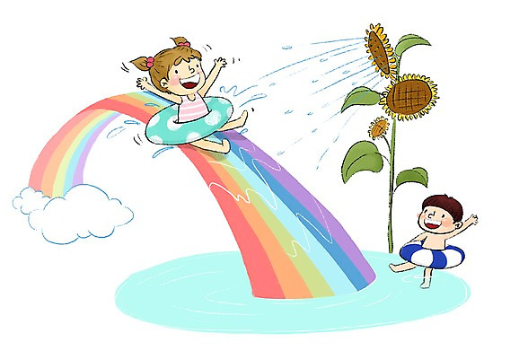 PSD 구름 여자 남자 어린이 무지개 일러스트 물놀이 해바라기 두명 여름 미끄럼틀 즐거움 튜브 국내일러스트 자연요소 계절 꽃 감정 놀이 사람 놀이기구 파일형식