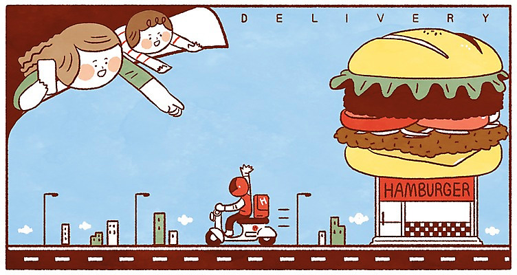 PSD 여자 남자 어린이 일러스트 프레임 성인 세명 오토바이 햄버거 메모지 배달원 배송 배달음식 햄버거가게 음식배달 국내일러스트 직업 음식 패스트푸드 사람 식당 사무용품 바이크 배달 파일형식