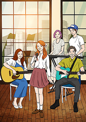 PSD 여자 남자 악기 음악 일러스트 노래 창문 실내 여러명 성인 취미 기타 피아노건반 건반 건반악기 마이크 동호회 국내일러스트 음향기기 다수 현악기 문화예술 사람 내부 피아노 파일형식