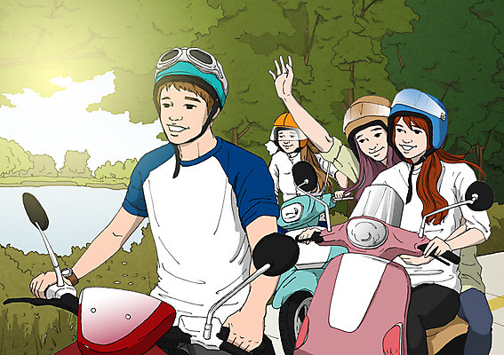 주간 PSD 나무 여자 남자 일러스트 여러명 성인 취미 야외 야외활동 스쿠터 헬멧 동호회 국내일러스트 자연요소 식물 다수 사람 오토바이 보호장비 파일형식