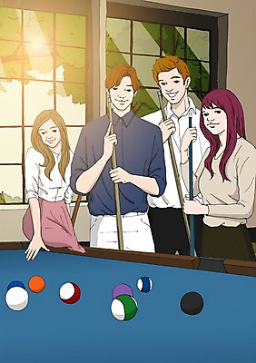 PSD 여자 남자 일러스트 창문 실내 여러명 성인 취미 당구 포켓볼 당구공 당구대 당구채 동호회 국내일러스트 다수 공 사람 내부 구기 당구용품 파일형식