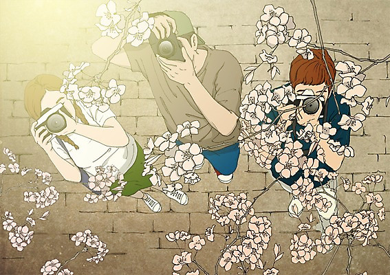 주간 PSD 여자 남자 일러스트 성인 취미 야외 세명 야외활동 카메라 사진촬영 벚꽃 동호회 국내일러스트 자연요소 꽃 사람 전자제품 촬영 파일형식