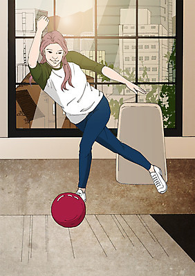 PSD 여자 일러스트 창문 실내 한명 성인 취미 볼링 볼링공 동호회 볼링장 국내일러스트 1 공 사람 내부 구기 볼링용품 파일형식