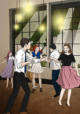 PSD 여자 남자 일러스트 창문 조명 실내 여러명 성인 취미 댄스교실 동호회 탱고 국내일러스트 다수 수업 사람 내부 춤 파일형식