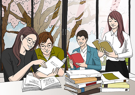 PSD 나무 여자 남자 일러스트 창문 여러명 성인 취미 책 독서 동호회 국내일러스트 식물 다수 사람 파일형식