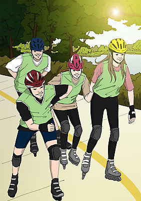 주간 PSD 나무 공원 여자 남자 일러스트 여러명 성인 취미 야외 야외활동 롤러블레이드 헬멧 보호장비 동호회 국내일러스트 자연요소 식물 공공시설 다수 사람 장비 파일형식