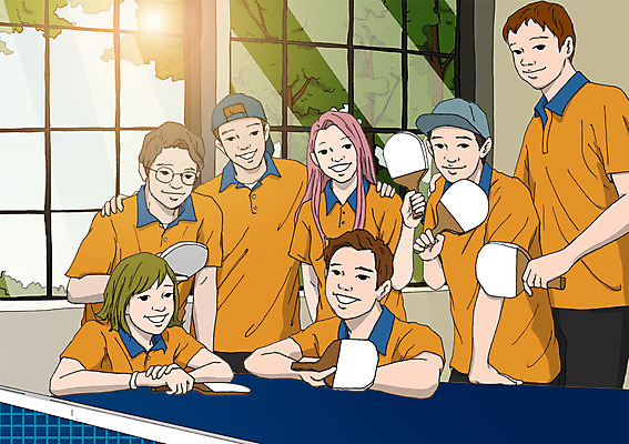 PSD 여자 남자 일러스트 창문 실내 여러명 성인 취미 탁구채 탁구 탁구대 동호회 국내일러스트 다수 사람 내부 구기 라켓 탁구용품 파일형식