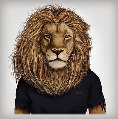 PSD 동물 옷 패션 일러스트 의인화 사람없음 반팔티셔츠 사자 초상화 국내일러스트 티셔츠 포유류 그림 파일형식