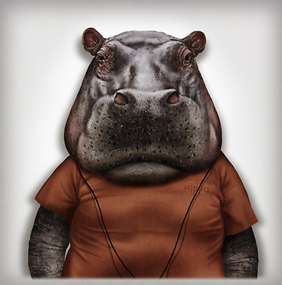 PSD 동물 옷 패션 일러스트 의인화 사람없음 반팔티셔츠 하마 초상화 국내일러스트 티셔츠 포유류 그림 파일형식