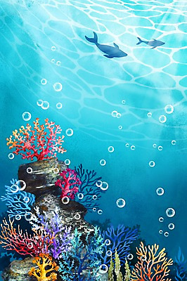 PSD 바다 백그라운드 일러스트 수채화 어류 풍경 사람없음 여름 바닷속 바위 물방울 산호초 돌고래 국내일러스트 계절 포유류 수중 수중동물 돌_바위 수중식물 파일형식