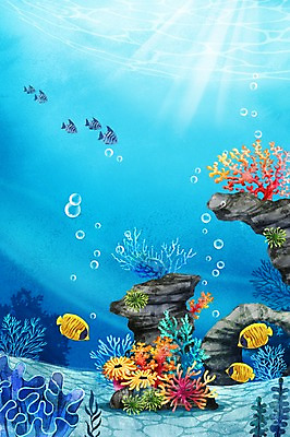 PSD 바다 백그라운드 일러스트 수채화 어류 풍경 사람없음 여름 바닷속 바위 물방울 산호초 열대어 국내일러스트 계절 수중 수중동물 돌_바위 수중식물 파일형식
