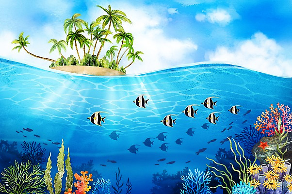 PSD 구름 바다 섬 백그라운드 일러스트 수채화 어류 풍경 사람없음 여름 야자수 산호초 열대어 트로피컬아트 국내일러스트 자연요소 나무 계절 수중동물 수중식물 그림 파일형식