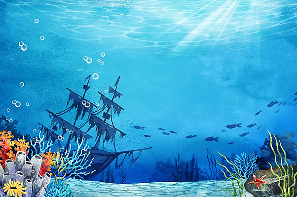 PSD 바다 백그라운드 일러스트 수채화 불가사리 풍경 사람없음 여름 바닷속 물방울 보물선 국내일러스트 계절 극피동물 수중 파일형식