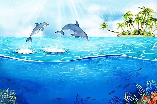 PSD 바다 섬 백그라운드 일러스트 수채화 풍경 사람없음 여름 야자수 돌고래 트로피컬아트 국내일러스트 나무 계절 포유류 수중동물 그림 파일형식