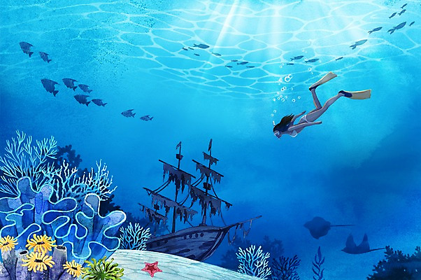 PSD 여자 바다 백그라운드 일러스트 수채화 한명 풍경 성인 여름 바닷속 스노클링 가오리 스노클링용품 보물선 국내일러스트 1 계절 스포츠용품 어류 사람 수중 수상스포츠 파일형식