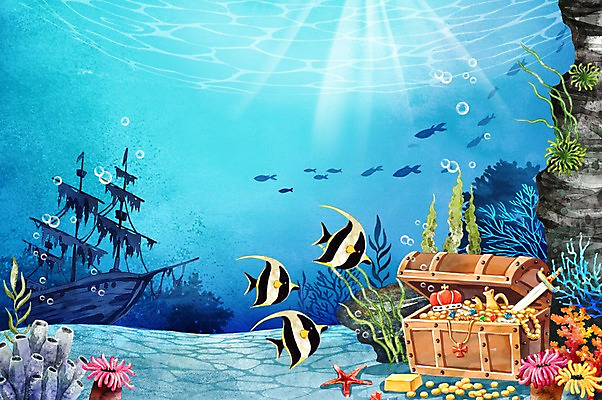 PSD 바다 백그라운드 일러스트 왕관 수채화 불가사리 풍경 사람없음 여름 바닷속 바위 칼 열대어 보물 금괴 보물선 보물함 트로피컬아트 국내일러스트 계절 극피동물 어류 수중 돌_바위 황금 그림 파일형식