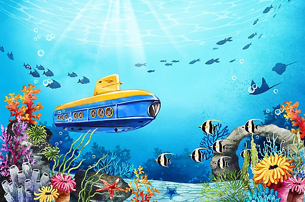 PSD 바다 백그라운드 일러스트 수채화 풍경 사람없음 여름 바닷속 바위 잠수함 열대어 국내일러스트 계절 어류 수중 돌_바위 파일형식