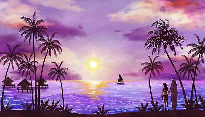 PSD 구름 여자 바다 백그라운드 일러스트 수채화 한명 풍경 성인 해변 야외 여름 비키니 야자수 노을 서핑보드 수상가옥 선박 트로피컬아트 국내일러스트 자연요소 나무 1 계절 수영복 수상교통 주택 사람 보드_스포츠 그림 파일형식