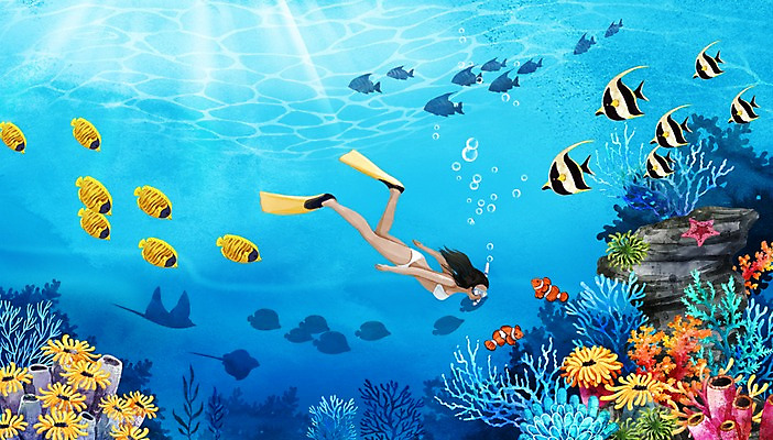PSD 여자 바다 백그라운드 일러스트 수채화 한명 풍경 성인 여름 비키니 바닷속 바위 스노클링 오리발 열대어 스노클링용품 국내일러스트 1 계절 수영복 스포츠용품 어류 사람 수중 돌_바위 수상스포츠 파일형식