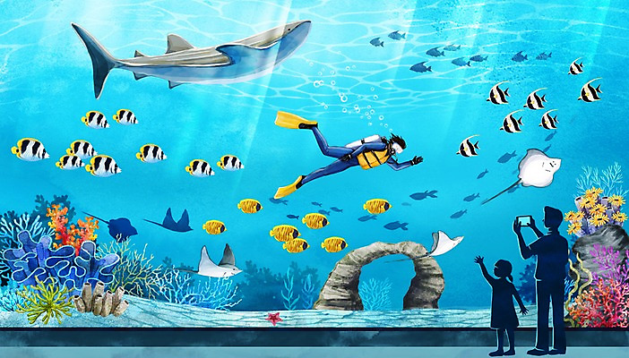 PSD 여자 남자 어린이 바다 백그라운드 일러스트 수채화 풍경 성인 세명 여름 바위 고래 열대어 스쿠버다이빙 수족관 스쿠버다이빙장비 트로피컬아트 국내일러스트 계절 포유류 어류 사람 수중동물 돌_바위 수상스포츠 그림 스쿠버다이빙용품 파일형식