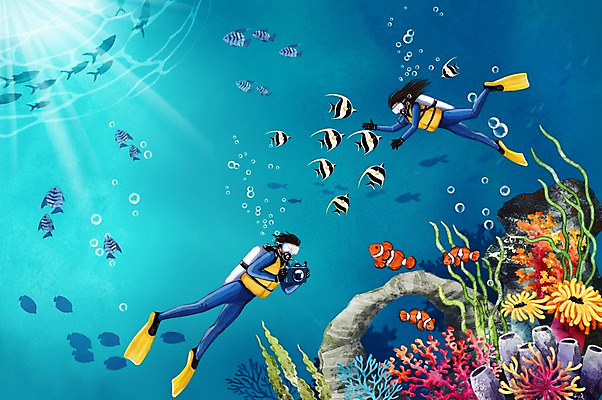 PSD 여자 남자 바다 백그라운드 일러스트 수채화 풍경 성인 두명 여름 바닷속 바위 열대어 스쿠버다이빙 스쿠버다이빙장비 트로피컬아트 국내일러스트 계절 어류 사람 수중 돌_바위 수상스포츠 그림 스쿠버다이빙용품 파일형식