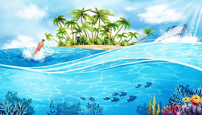 PSD 남자 바다 섬 백그라운드 일러스트 수채화 한명 풍경 성인 여름 야자수 수상스포츠 웨이크보드 선박 트로피컬아트 국내일러스트 나무 1 계절 스포츠 수상교통 사람 그림 파일형식