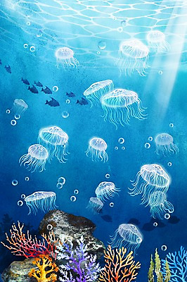 PSD 바다 백그라운드 일러스트 수채화 풍경 사람없음 여름 바닷속 바위 해파리 국내일러스트 계절 수중 돌_바위 자포동물 파일형식