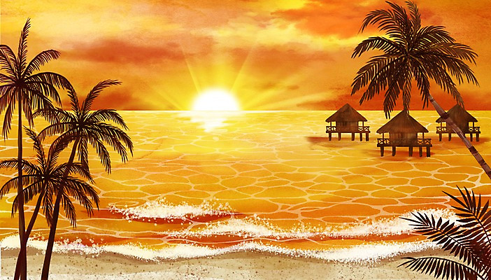 주간 PSD 바다 백그라운드 일러스트 수채화 풍경 해변 사람없음 야외 여름 야자수 노을 수상가옥 트로피컬아트 국내일러스트 자연요소 나무 계절 주택 그림 파일형식