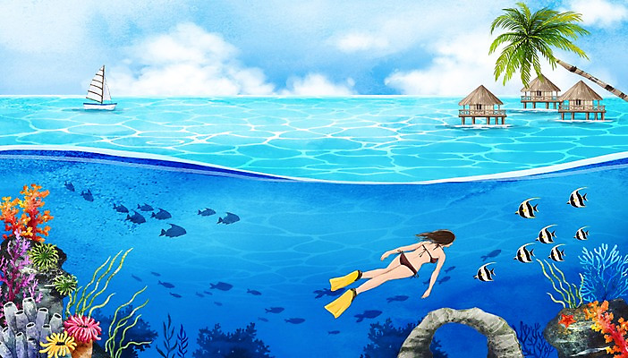 PSD 구름 여자 바다 백그라운드 일러스트 수채화 한명 풍경 성인 여름 비키니 야자수 바위 스노클링 열대어 수상가옥 스노클링용품 선박 트로피컬아트 국내일러스트 자연요소 나무 1 계절 수영복 스포츠용품 수상교통 주택 어류 사람 돌_바위 수상스포츠 그림 파일형식