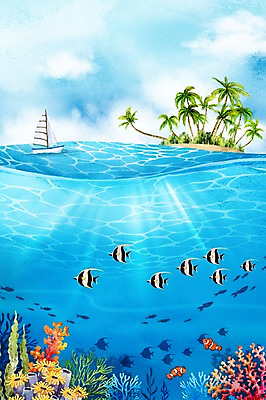 주간 PSD 바다 섬 백그라운드 일러스트 수채화 풍경 사람없음 야외 여름 야자수 열대어 선박 트로피컬아트 국내일러스트 자연요소 나무 계절 수상교통 어류 그림 파일형식