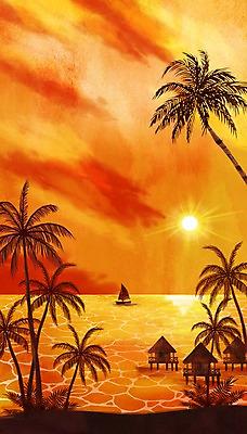 주간 PSD 바다 백그라운드 일러스트 수채화 풍경 해변 사람없음 야외 여름 야자수 노을 수상가옥 선박 트로피컬아트 국내일러스트 자연요소 나무 계절 수상교통 주택 그림 파일형식
