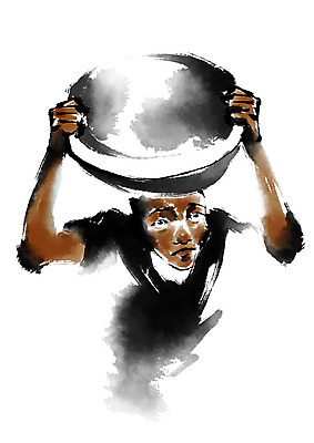 PSD 여자 일러스트 캘리그라피 한명 들기 상반신 기아 먹 사회복지 복지 머리위 난민 물동이 구호활동 국내일러스트 1 모션 서예 사람 사회이슈 파일형식