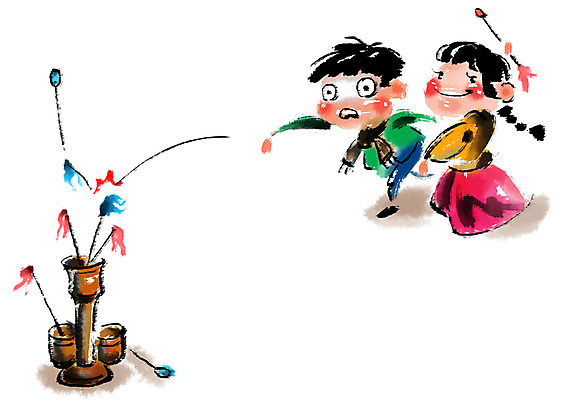 PSD 한국전통 전통문화 일러스트 캘리그라피 소녀 소년 두명 전통놀이 던지기 한복 투호 투호놀이 투호놀이기구 국내일러스트 전통 여자 남자 문화 어린이 모션 놀이 전통소품 한국 사람 전통의상 파일형식