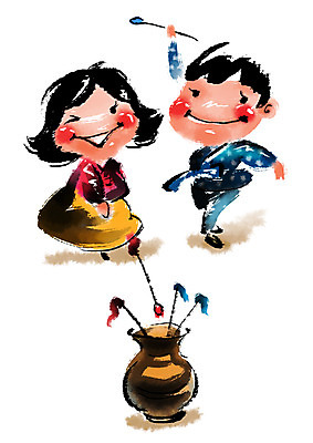 PSD 한국전통 전통문화 일러스트 캘리그라피 소녀 소년 두명 전통놀이 항아리 던지기 한복 투호 투호놀이 투호놀이기구 국내일러스트 전통 여자 남자 문화 어린이 모션 놀이 전통소품 한국 사람 도자기 전통의상 파일형식